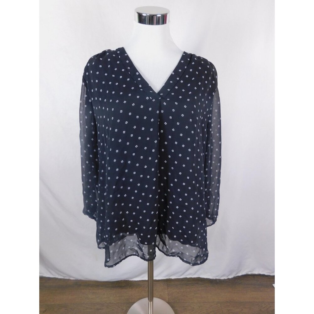 Jones NY XL Black Polka Dot Sheer V Neck Blouse